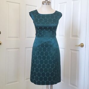 BANANA REPUBLIC Satin Sheath Dress Teal Green Jacquard Polkadot Mad Men 50's